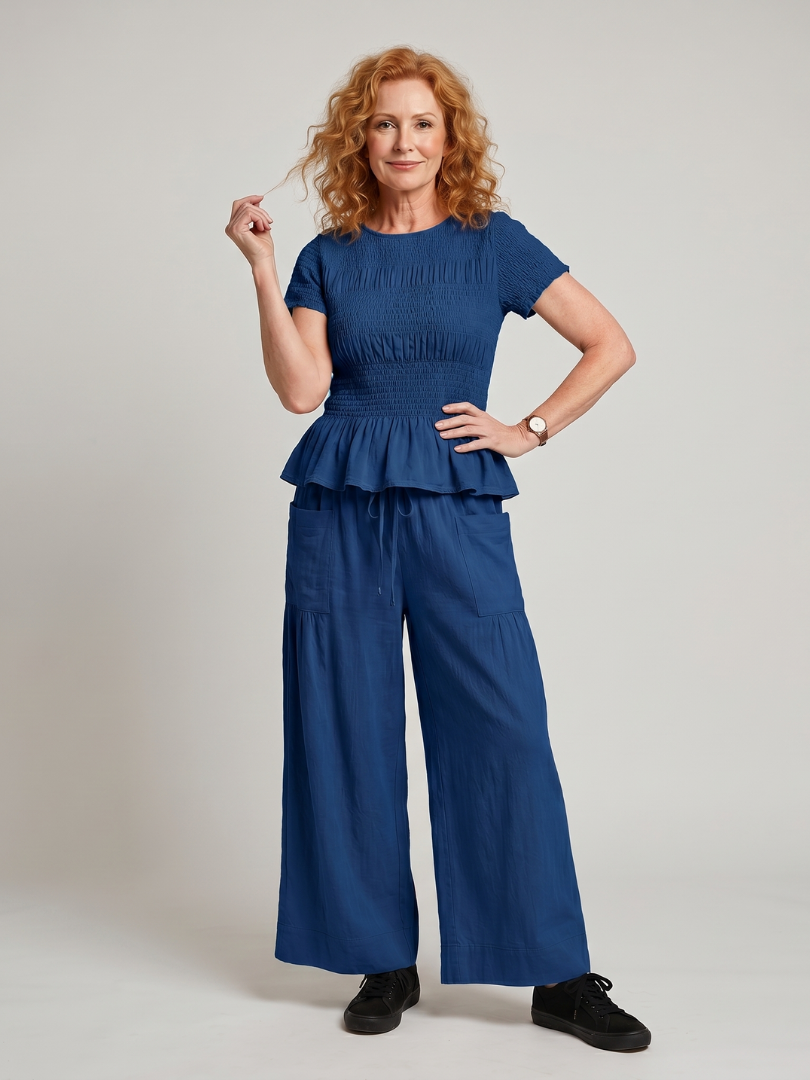 Smocked Top And Wide Leg Pants Set