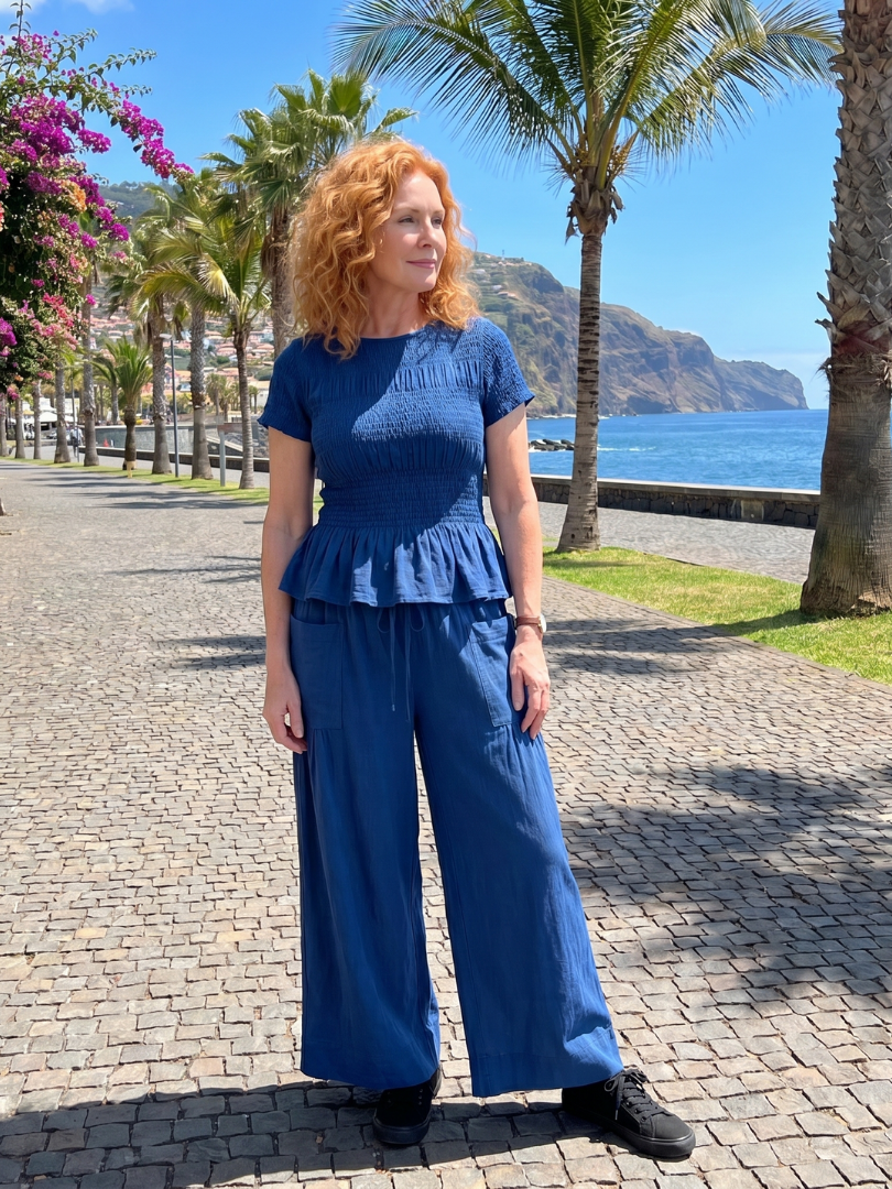 Smocked Top And Wide Leg Pants Set