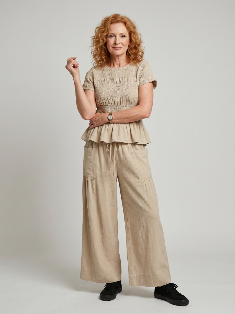 Smocked Top And Wide Leg Pants Set