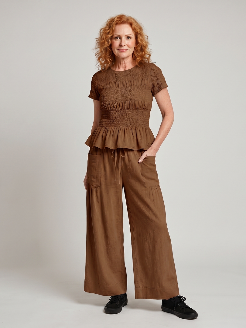 Smocked Top And Wide Leg Pants Set