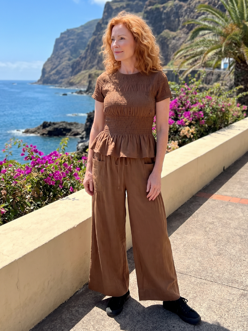 Smocked Top And Wide Leg Pants Set