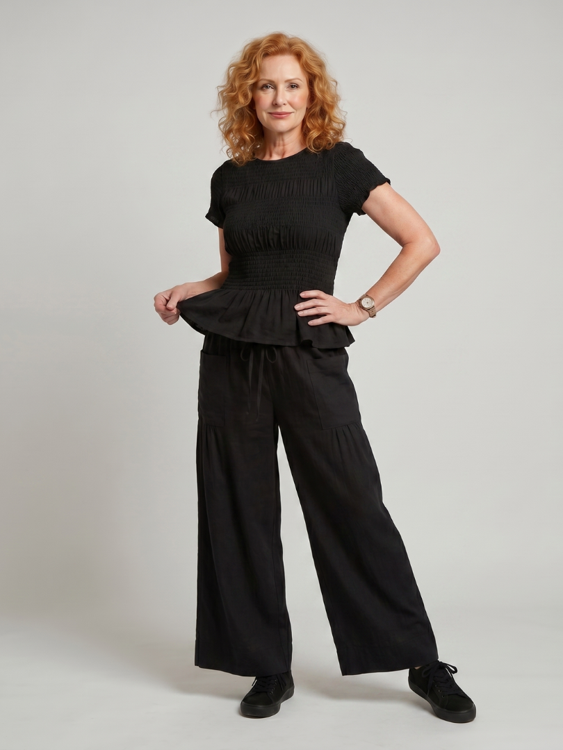 Smocked Top And Wide Leg Pants Set