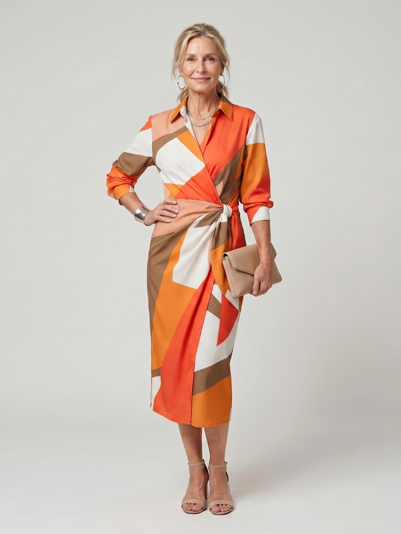 Long Sleeve  Pattern Midi Dress
