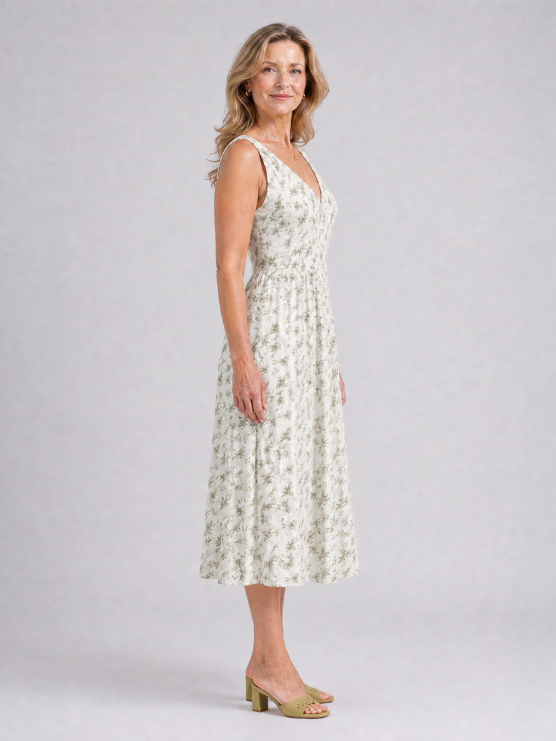 Sleeveless Floral V Neck Midi Dress