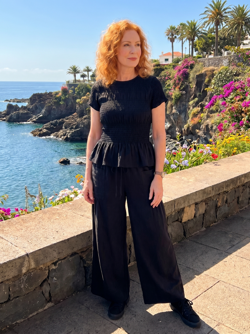 Smocked Top And Wide Leg Pants Set