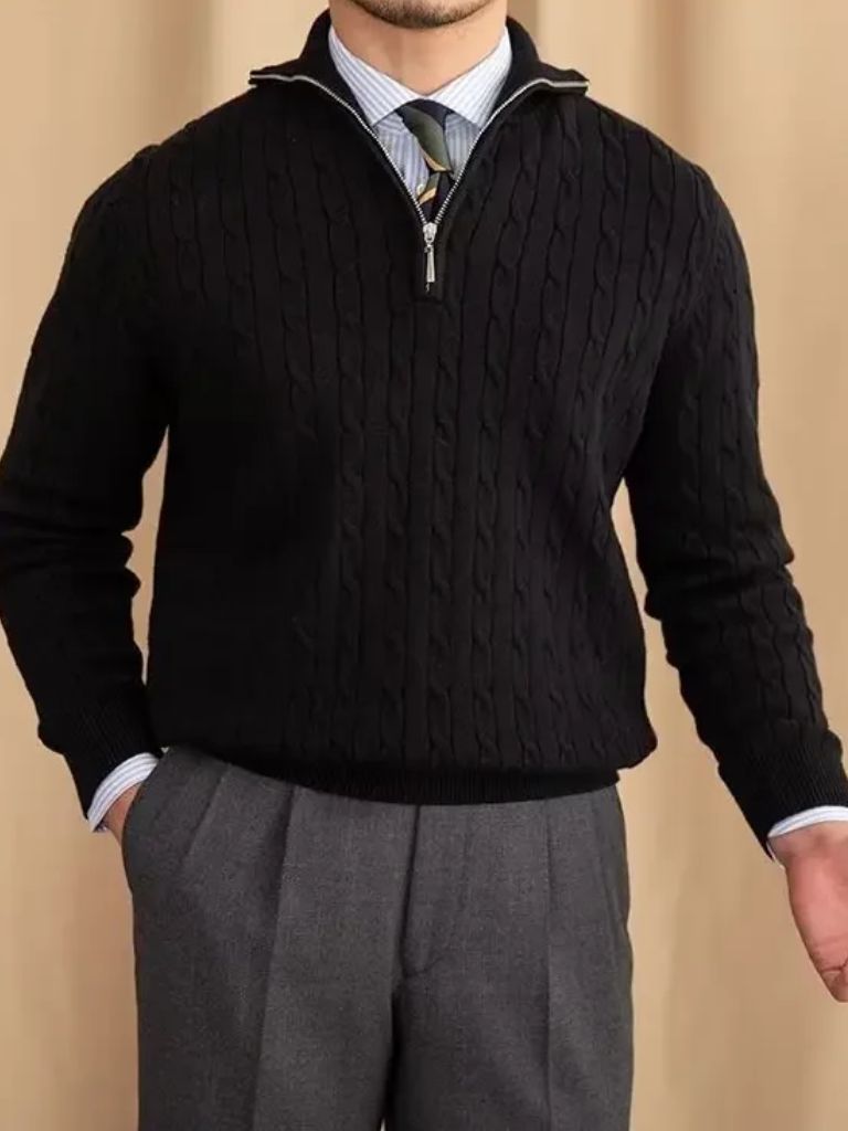 Premium Cable-Knit Zip Neck Sweater