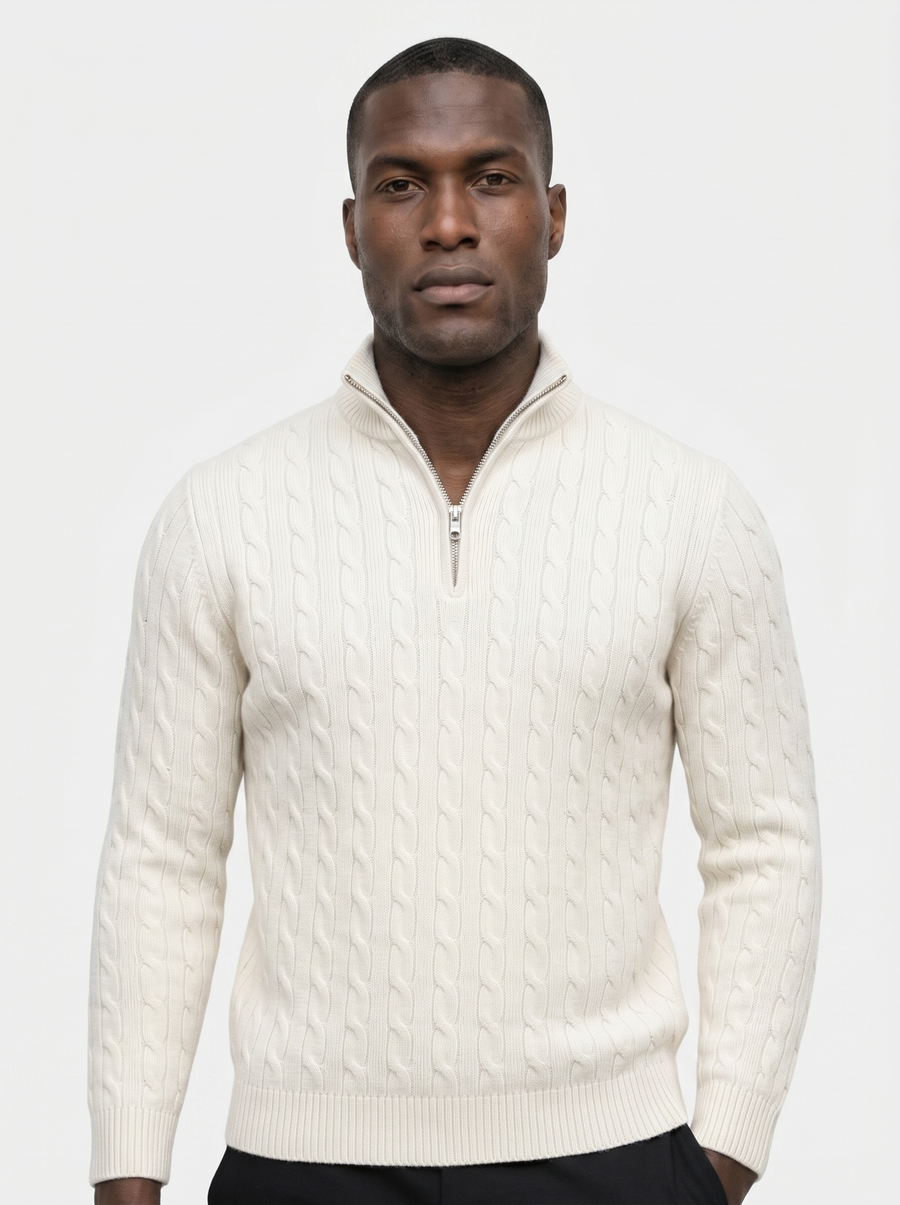 Premium Cable-Knit Zip Neck Sweater